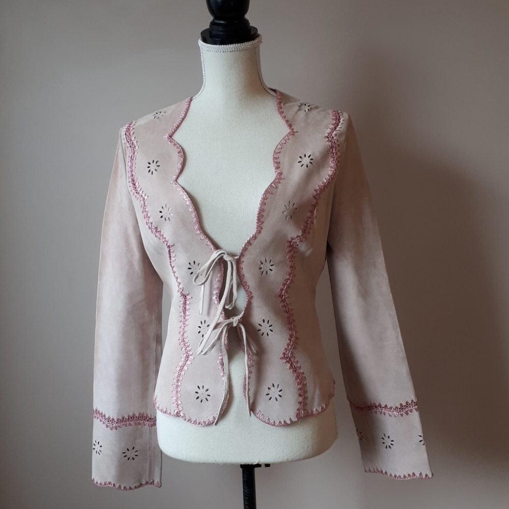 Women’s Pink Scallop Trim Suede Tie-Front Jacket